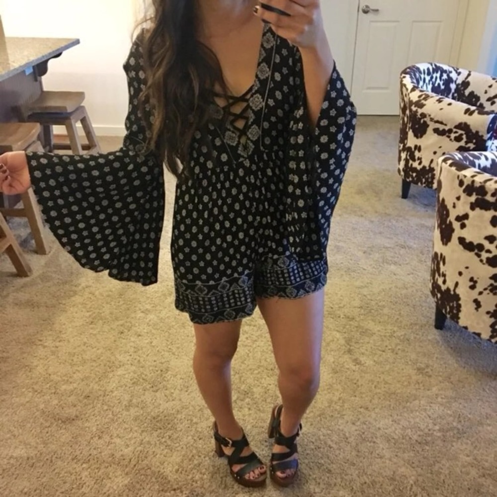 Boho black bell sleeve romper